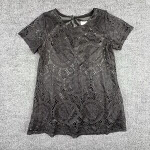 Y2k Style Blouse Womens Large Black Lace Crochet Short Sleeve Lined Geometric